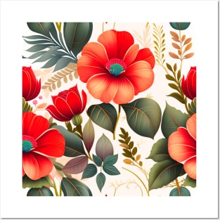 Seamless flower and leaf pattern,  red poppies Posters and Art